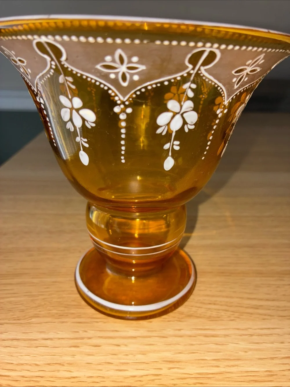 Amber Glass Pedestal Vase with White Hand-Painted Floral Design
